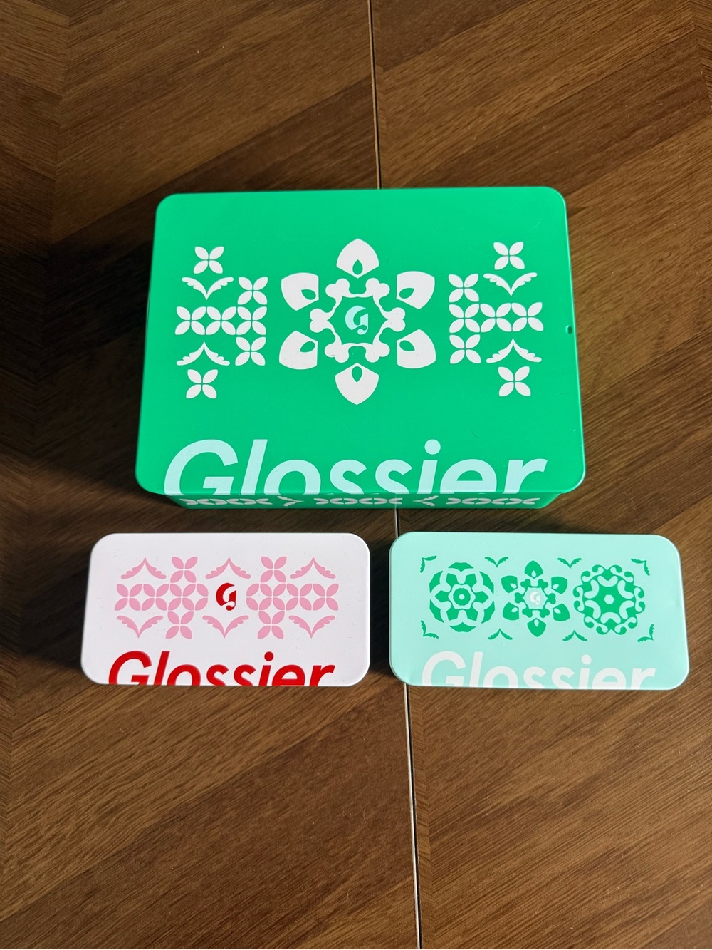 Glossier Tin Trio in Teal, Pink and Mint